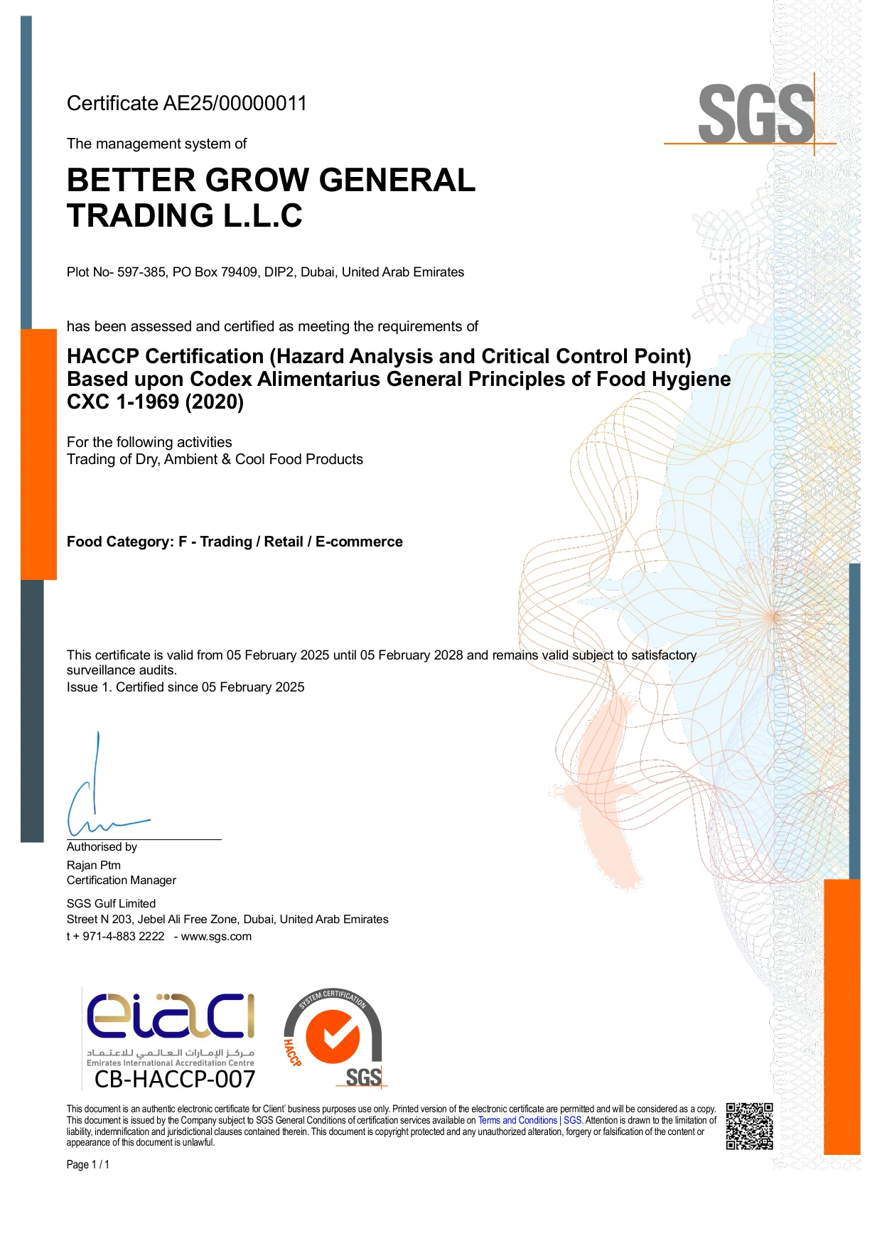 SGS HACCP certificate issued to Better Grow General Trading