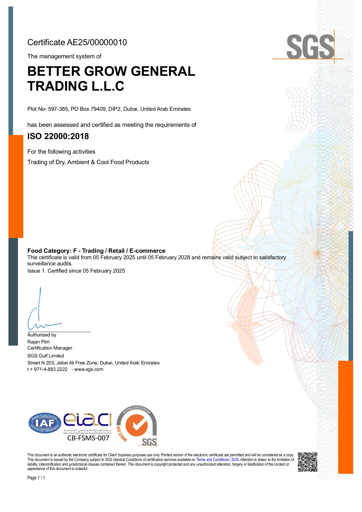 SGS ISO 22000:2018 certificate issued to Better Grow General Trading