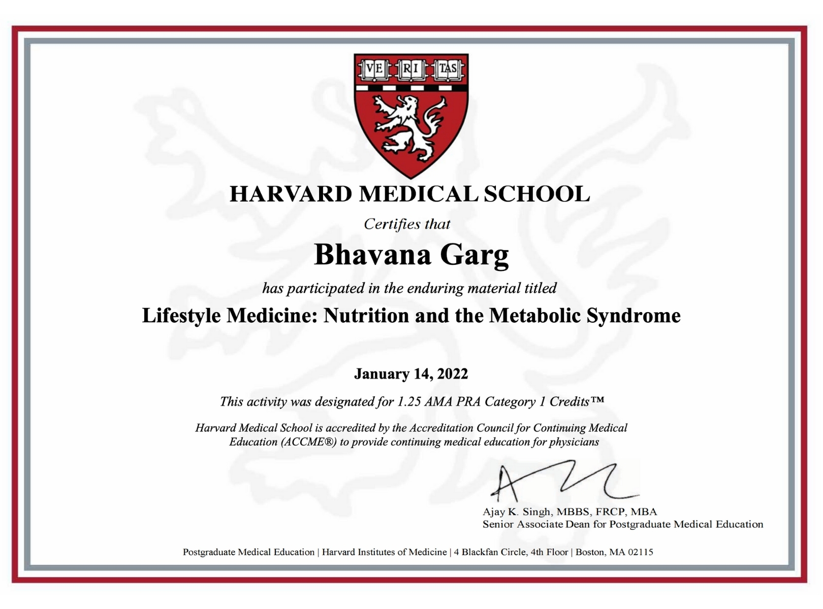 Harvard University Lifestyle Medicine: Nutrition and the Metabolic Syndrome
