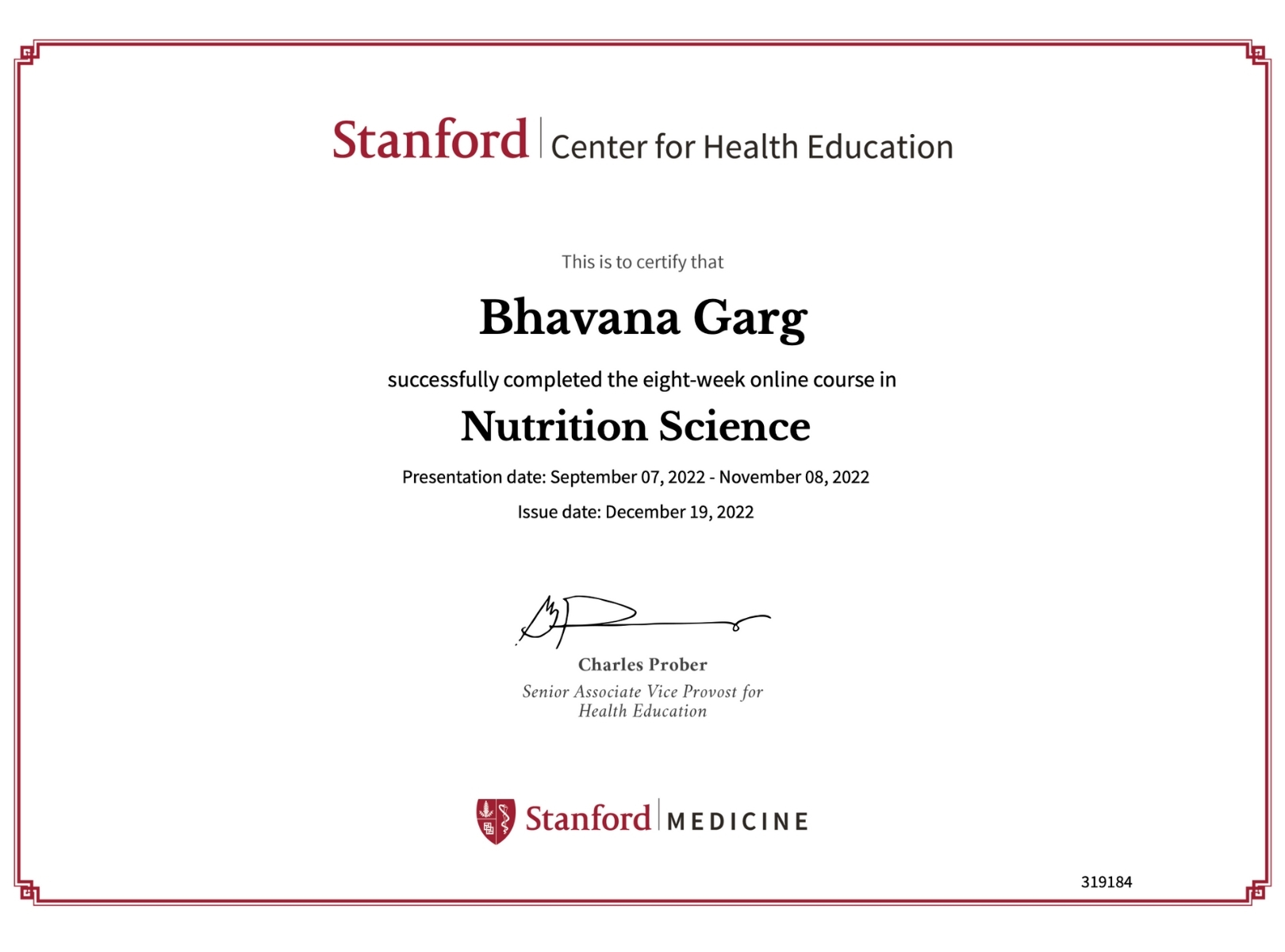 Stanford University Certificate in Nutrition Science