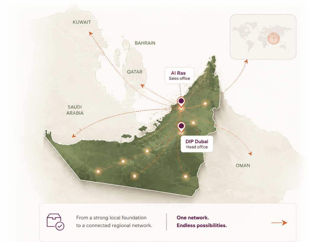 GCC and UAE coverage map showing DIP Dubai, Al Ras, UAE distribution points, and GCC reach
