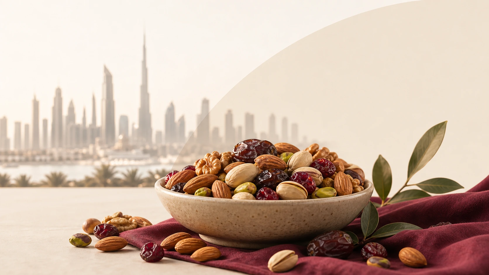 Dubai skyline with nuts and dried fruits